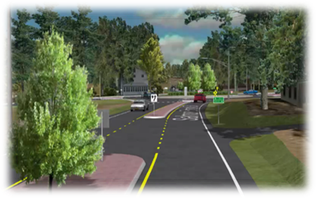 This image shows a 3-D rendering of a divided roadway entering a roundabout from the driver’s perspective.